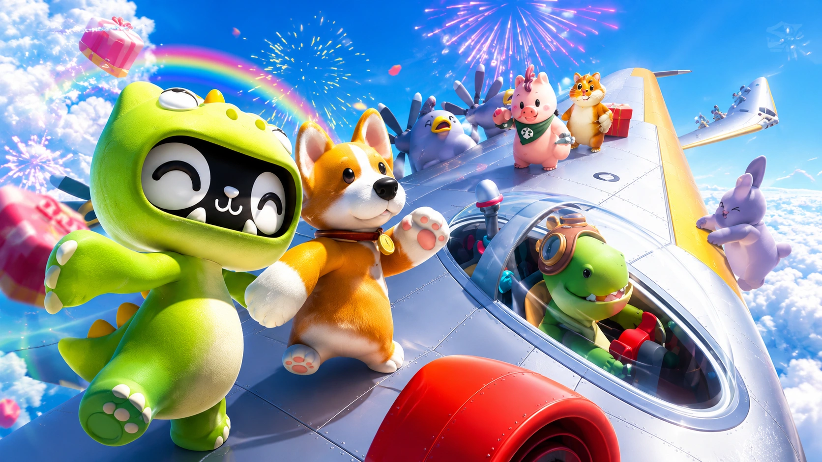 Cartoon characters driving a colorful car